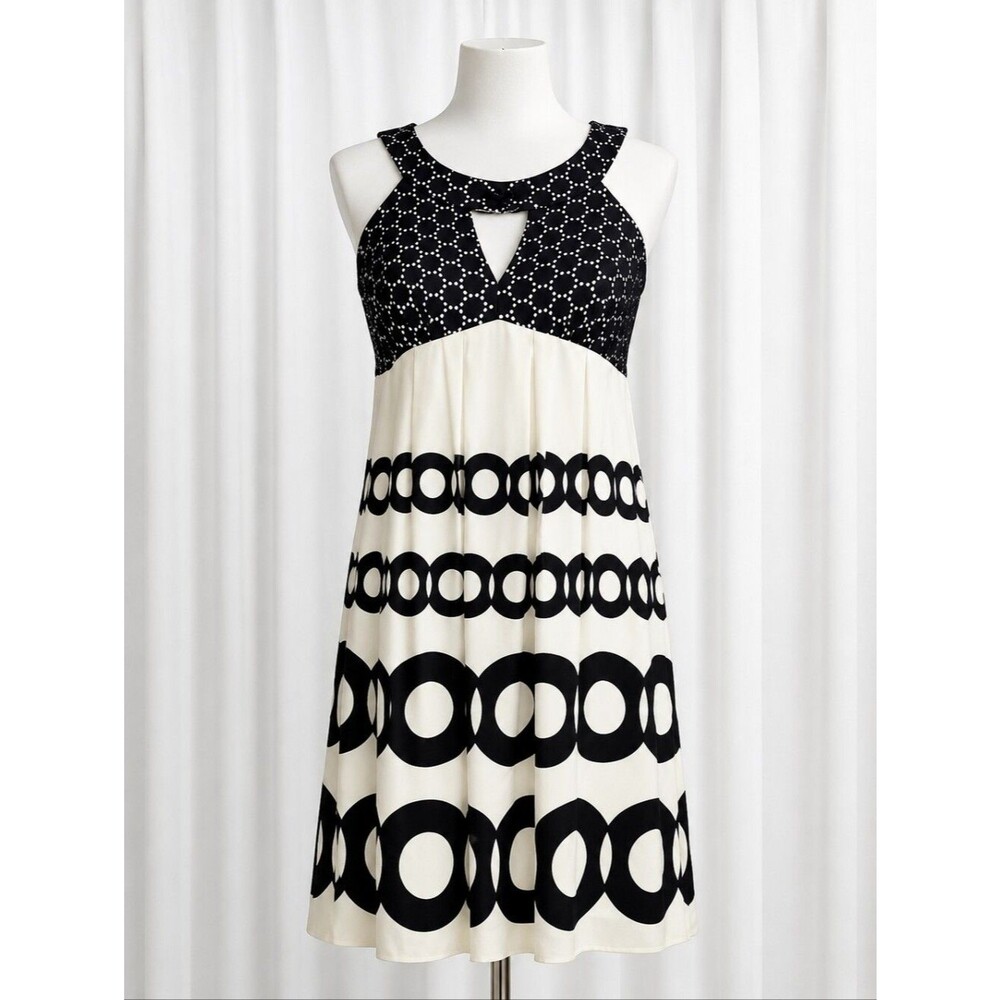 JAX Black Off White Silk Geometric Sleeveless Empire Waist Retro Chic Dress